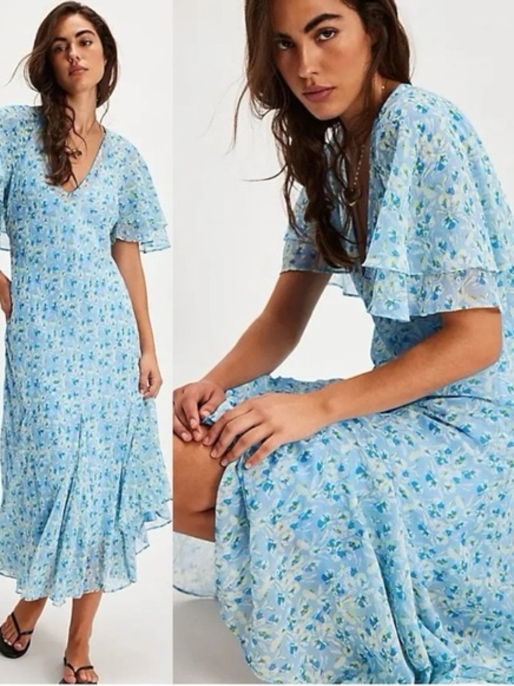 NWT Free People Sky Blue Floral V-Neck Maxi Dress Small - Picture 3 of 10